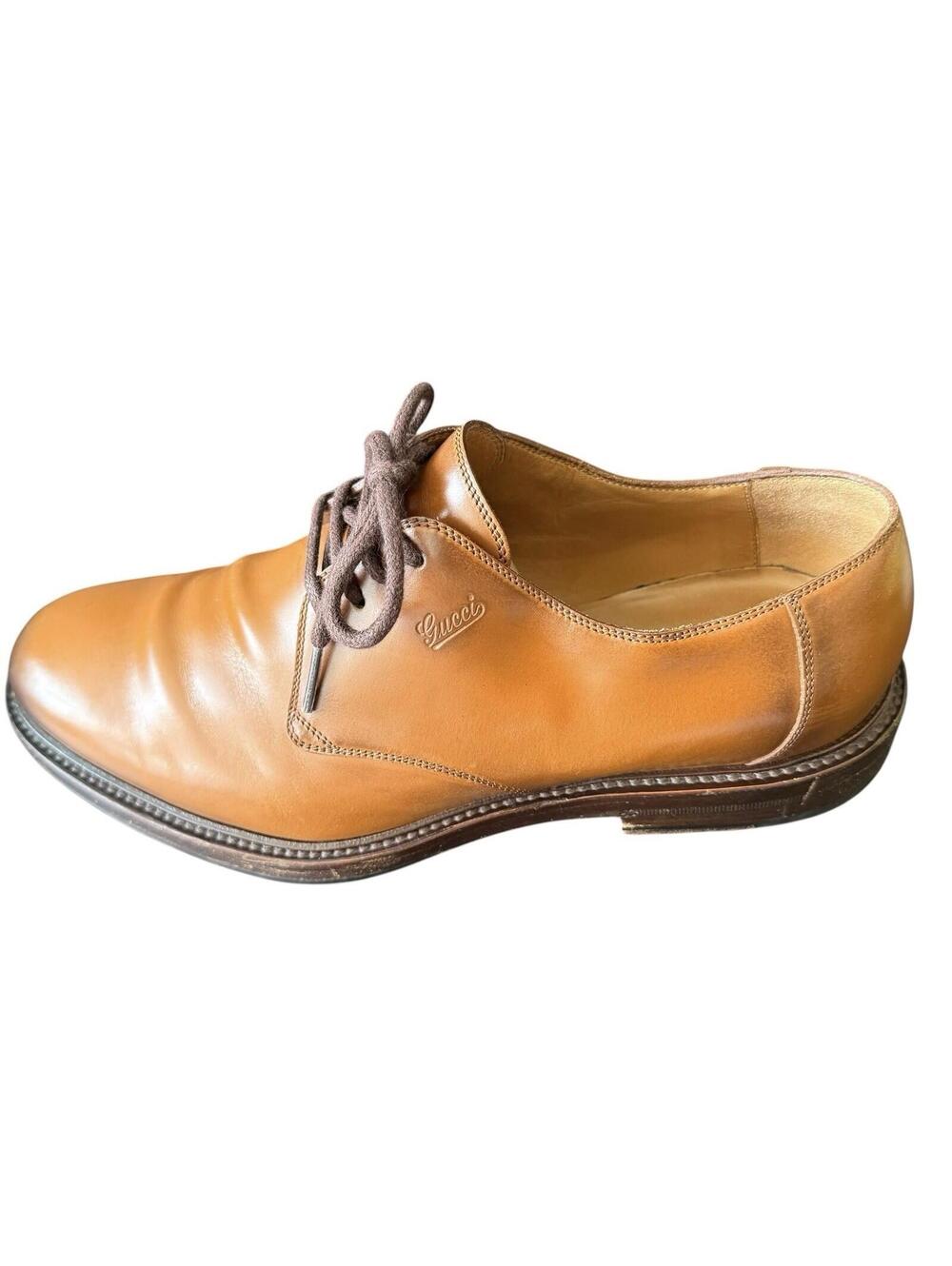 Designer Gucci Men's Burnished Tan Calfskin Leather Plain-Toe Derby Shoes 8 BOX+ - Picture 3 of 9